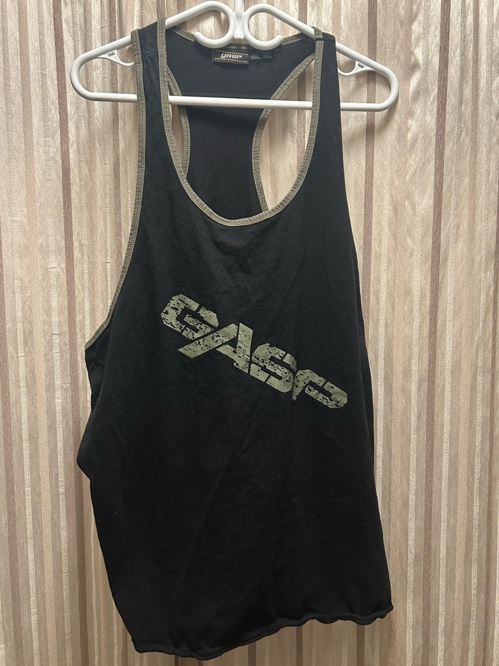 GASP Mens Vintage T-Back Black Racerback Tank Top with Olive Trim, Size XXL
